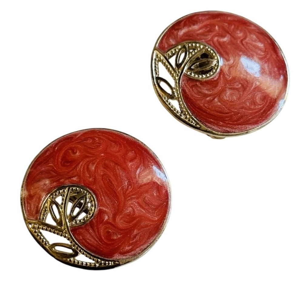 Berebi Signed Earrings VTG Clip round Chunky Statement Pink Silver Enamel 80s